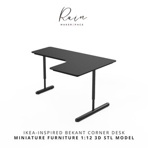 K&ouml;nnte beinhalten: Schwarzer Ecktisch vor wei&szlig;em Hintergrund. IKEA-inspirierter Bekant Ecktisch Miniaturm&ouml;bel 1:12 3D STL Modell.
