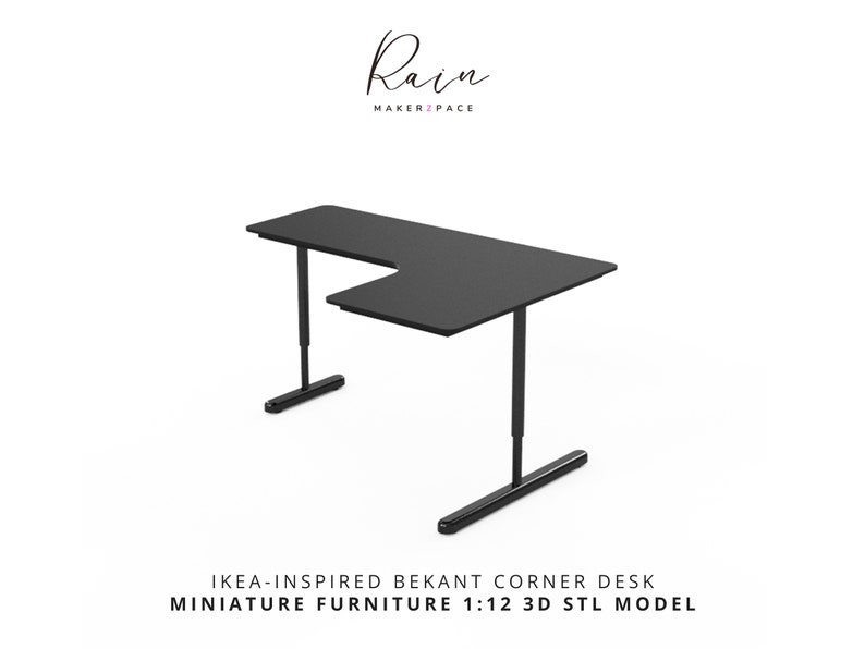 K&ouml;nnte beinhalten: Schwarzer Ecktisch vor wei&szlig;em Hintergrund. IKEA-inspirierter Bekant Ecktisch Miniaturm&ouml;bel 1:12 3D STL Modell.