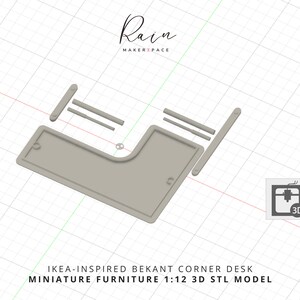 K&ouml;nnte beinhalten: 3D-druckbares Modell eines Ecktisches, inspiriert von der Bekant-Serie von IKEA. Das Modell ist im Ma&szlig;stab 1:12 und wird mit einem 3D-Drucklayout geliefert. Der Schreibtisch besteht aus mehreren Teilen, darunter die Tischplatte, die Beine und die St&uuml;tzen.