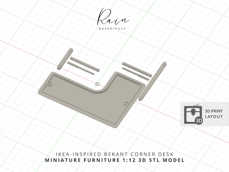 K&ouml;nnte beinhalten: 3D-druckbares Modell eines Ecktisches, inspiriert von der Bekant-Serie von IKEA. Das Modell ist im Ma&szlig;stab 1:12 und wird mit einem 3D-Drucklayout geliefert. Der Schreibtisch besteht aus mehreren Teilen, darunter die Tischplatte, die Beine und die St&uuml;tzen.