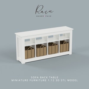 May include: A white sofa back table with eight cubby spaces, each containing a tan basket. The table has a rectangular shape and is labeled "SOFA BACK TABLE MINIATURE FURNITURE 1:12 3D STL MODEL". The logo "Rain MAKER PACE" is at the top.