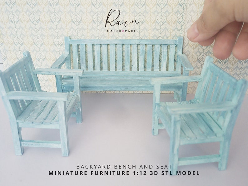 Charming Miniature Backyard Bench and Seat - 2pcs 3D STL File for 1:12 Scale Dollhouse, Miniature Bench Furniture image 1