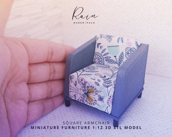 Square Arm Chair Miniature Furniture, Dollhouse Armchair, Mini Armchair, 3D STL File