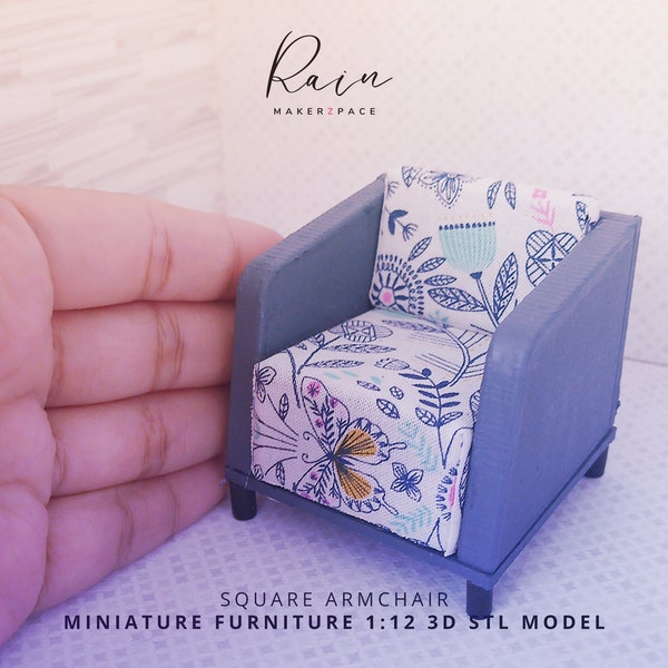 Square Arm Chair Miniature Furniture, Dollhouse Armchair, Mini Armchair, 3D STL File