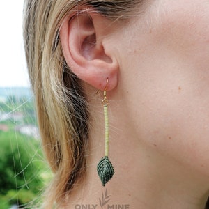Makramee Ohrringe, Grün, Langes Blatt Natur, Edelstahl Ohrhacken