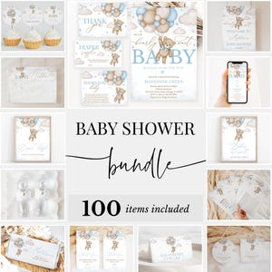 Pacchetto modificabile per baby shower con palloncino orso bruno, pacchetto di inviti per baby shower We Can Bearly Wait, pacchetto di giochi Blue Boy Boho Bear, BBS388
