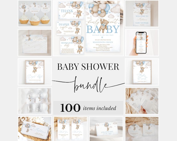 Editable Brown Bear Balloon Baby Shower Bundle, We Can Bearly Wait Baby Shower Invitation Pack, Blue Boy Boho Bear Games Package, BBS388