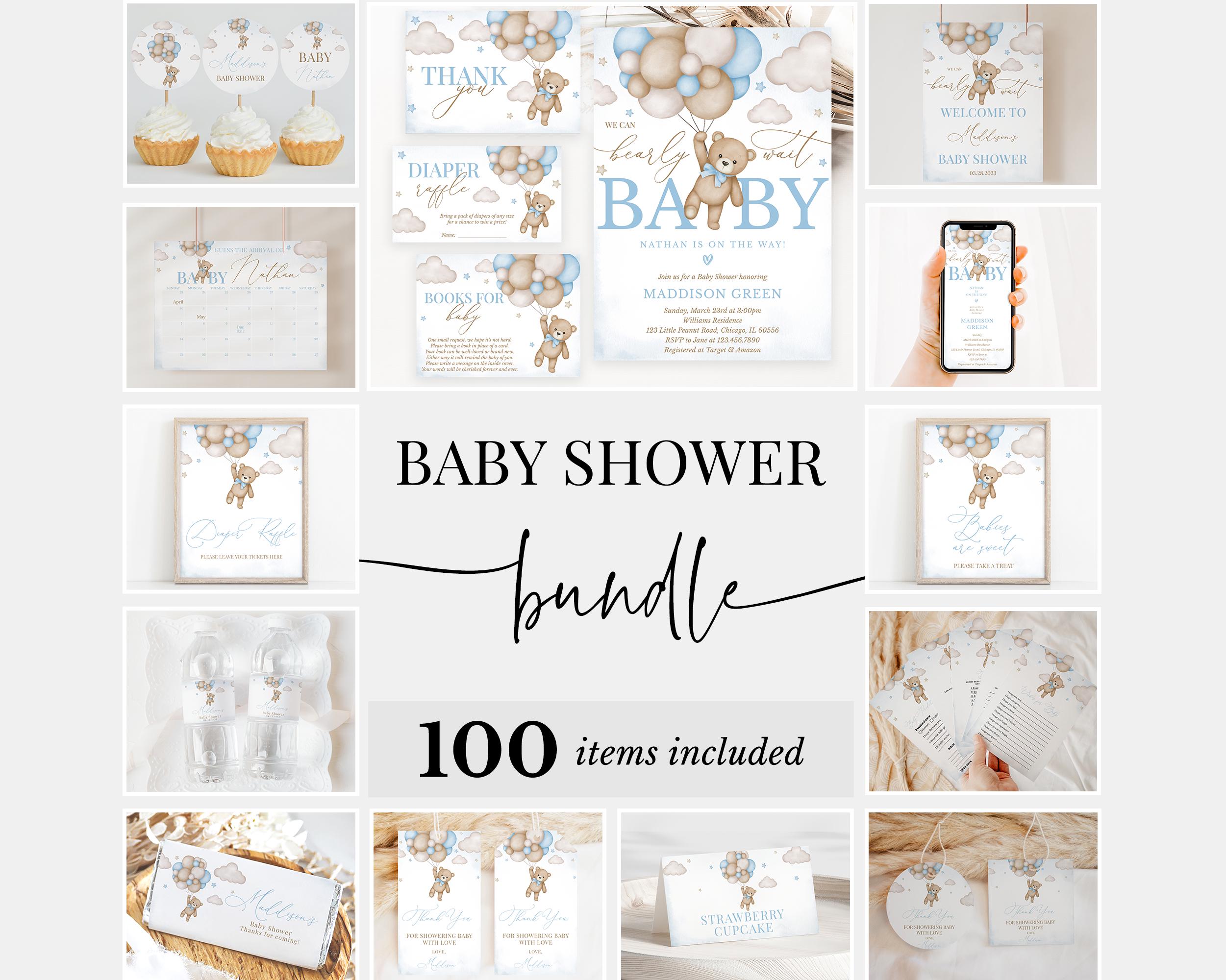 Editable Brown Bear Balloon Baby Shower Bundle, We Can Bearly Wait Baby Shower Invitation Pack, Blue Boy Boho Bear Games Package, BBS388