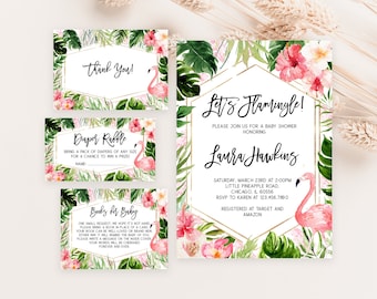 Editable Floral Flamingo Baby Shower Invitation Bundle, Tropical Flamingo Baby Shower Invite, Flamingo Baby Shower Invitation, BBS196