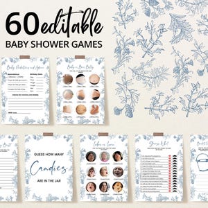 Editable Boy Dusty Blue Chinoiserie Baby Shower Game Bundle, French Toile Baby Shower Game Pack, Boy Toile Baby Shower Games, BBS854