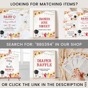 May include: A set of printable baby shower decorations with a barbecue theme. The decorations include a welcome sign, a diaper raffle sign, a thank you sign, a sign that says "Babies are sweet", and a set of game cards. The decorations feature a red and white gingham pattern, sunflowers, and a grill.