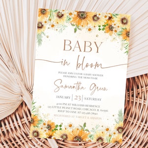 Editable Sunflower Baby Shower Invitation, Girl Rustic Sunflower Baby Shower Invite, Boho Sunflower Spring Baby Shower Invite, BBS607