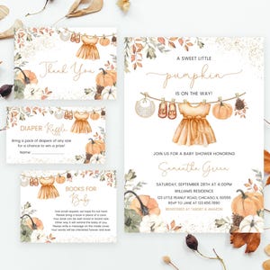 May include: Baby shower invitation and cards with a fall theme. The invitation features the text "A sweet little pumpkin is on the way!" and includes a dress, shoes, and bib hanging on a clothesline. The cards say "Thank You", "Diaper Raffle", and "Books for Baby".