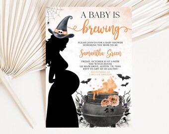 May include: Baby shower invitation with a witch theme. The invitation features a silhouette of a pregnant woman wearing a witch hat. The text reads "A Baby is Brewing" and includes event details, such as the date, time, and location.