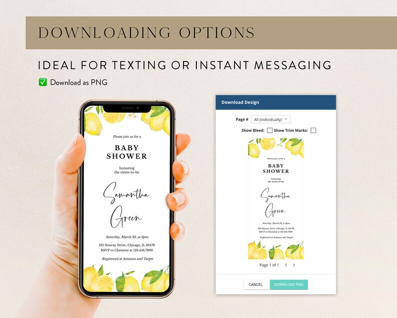 May include: A mobile phone screen shows a baby shower invitation with a lemon design. The invitation includes the text "BABY SHOWER" and event details. The phone is held in a hand, with a download option visible.