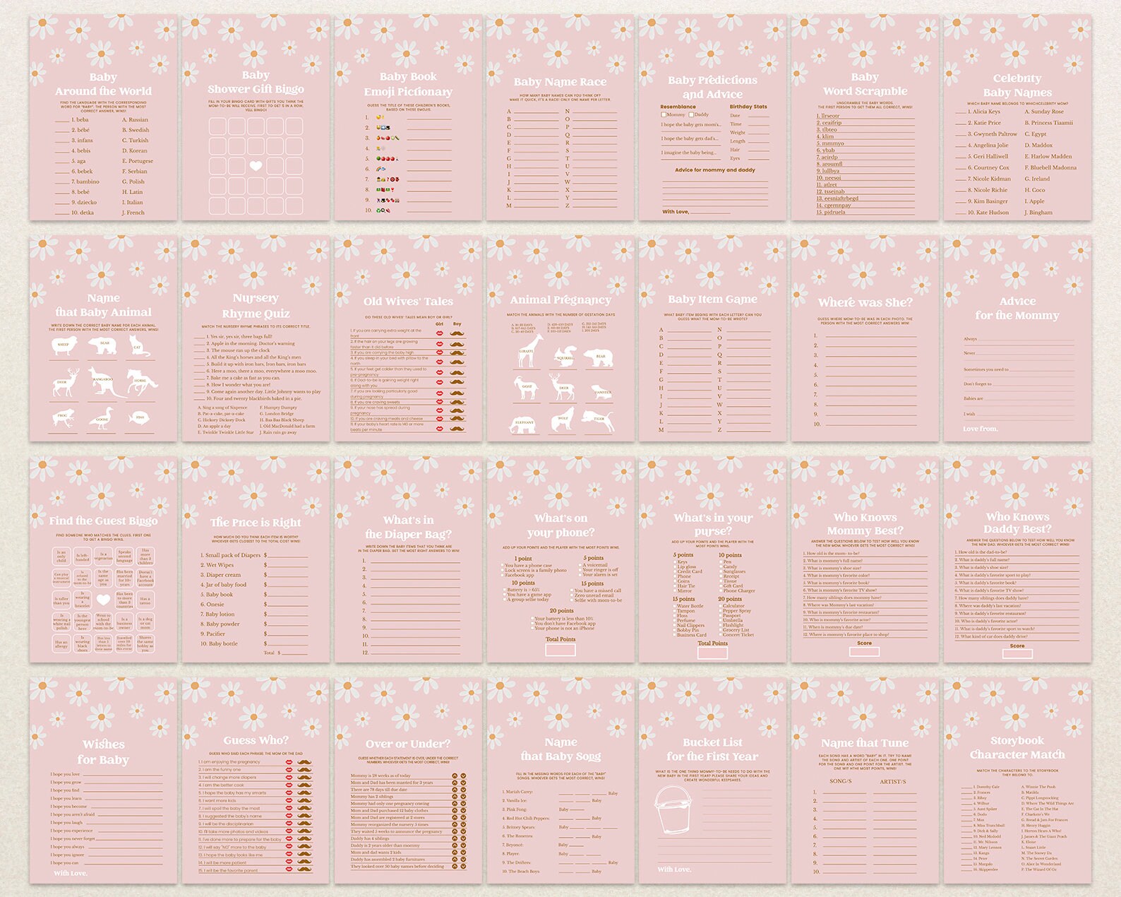 Baby Shower Bingo Game Cards - Boho Daisy Design, Set Of 30 For Gender Reveal, Party Games & Decorations - View #7