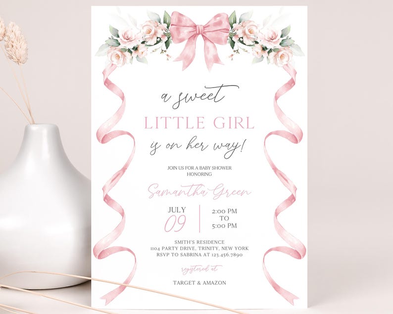 May include: A pink and white baby shower invitation with a floral design and a pink ribbon bow. The text reads "a sweet little girl is on her way!" and includes the date and time of the shower.