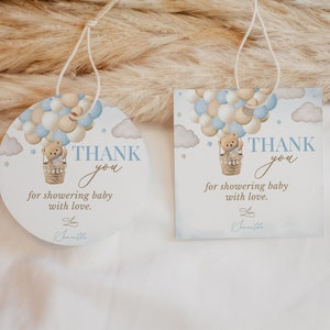 Editable Bear Blue Hot Air Balloon Boy Baby Shower Favor Tag, We Can Bearly Wait Shower Thank You Tag, Brown Bear Shower Party Favors,BBS459