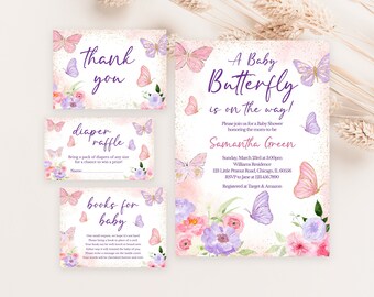 May include: A set of baby shower stationery including a large invitation, a thank you card, a diaper raffle card, and a books for baby card. Each piece features watercolor butterflies, pink and purple flowers, and gold glitter accents on white.