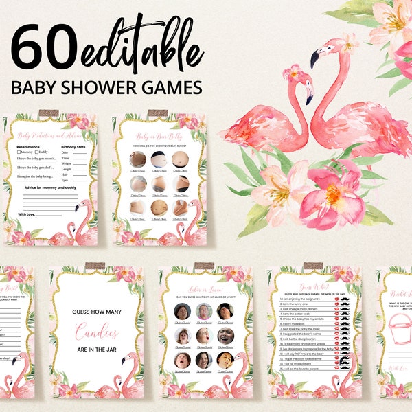 Editable Flamingo Baby Shower Game Bundle, Tropical Flamingo Baby Shower Games, Palm Leaves Flamingo Baby Shower Game Bundle, BBS151