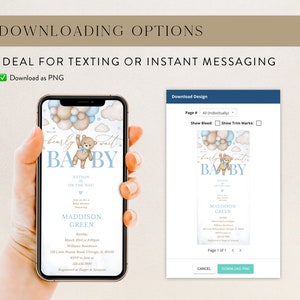 May include: A blue and white baby shower invitation featuring a teddy bear holding balloons. The invitation reads "Bearly Wait Baby" and includes the name "Nathan" and the date "March 23rd at 3:00PM".