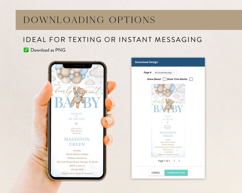 May include: A blue and white baby shower invitation featuring a teddy bear holding balloons. The invitation reads "Bearly Wait Baby" and includes the name "Nathan" and the date "March 23rd at 3:00PM".