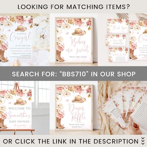 May include: A set of printable baby shower decorations with a pink and brown color scheme. The decorations feature a cowboy hat, boots, and floral designs. The text on the decorations reads "A Little Cowgirl is on the Way!" and "Babies are Sweet".