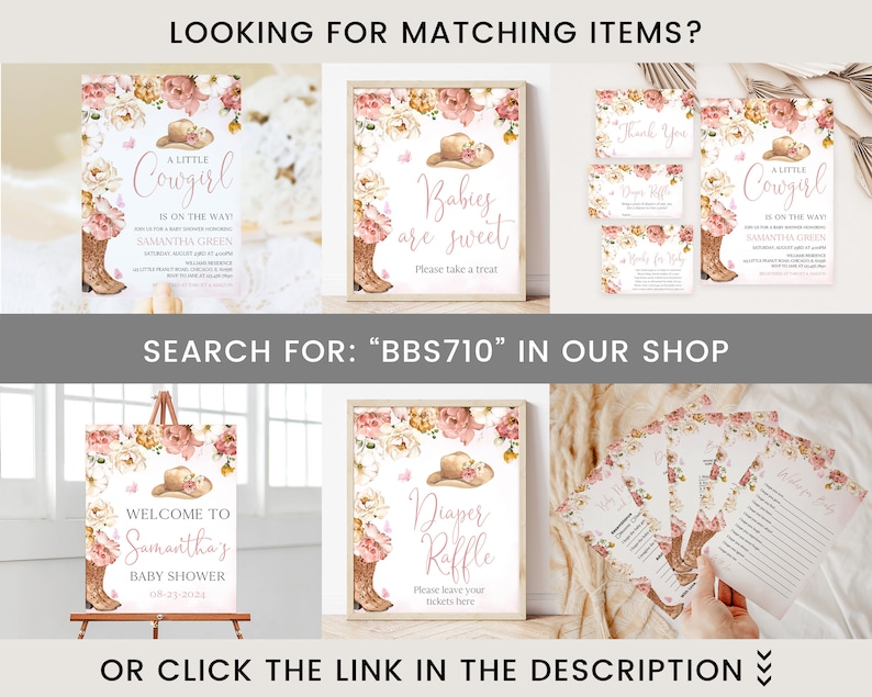 May include: A set of printable baby shower decorations with a pink and brown color scheme. The decorations feature a cowboy hat, boots, and floral designs. The text on the decorations reads "A Little Cowgirl is on the Way!" and "Babies are Sweet".