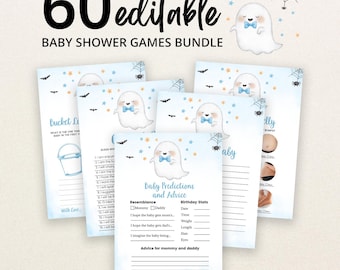 Op de afbeelding: Een bundel van 60 bewerkbare babyshower-spelkaarten met een schattig spookje met een blauwe vlinderdas, spinnenwebben, vleermuizen en sterren. De kaarten bevatten titels zoals Baby Predictions and Advice, Bucket List en Guess Who.