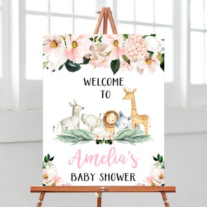 Editable Girl Safari Baby Shower Welcome Sign, Pink Safari Jungle Baby Shower Poster, Jungle Baby Shower Welcome Sign, Floral Safari, BBS163