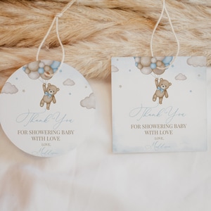 Étiquette modifiable de faveur de baby shower de ballon d'ours brun, étiquette de remerciement nous pouvons Bearly attendre de baby shower, cotillons bleus de garçon de Boho d'ours, BBS388