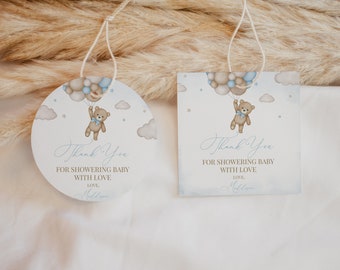 Editable Brown Bear Balloon Baby Shower Favor Tag, We Can Bearly Wait Baby Shower Thank you tag, Blue Boy Boho Bear Party Favors, BBS388
