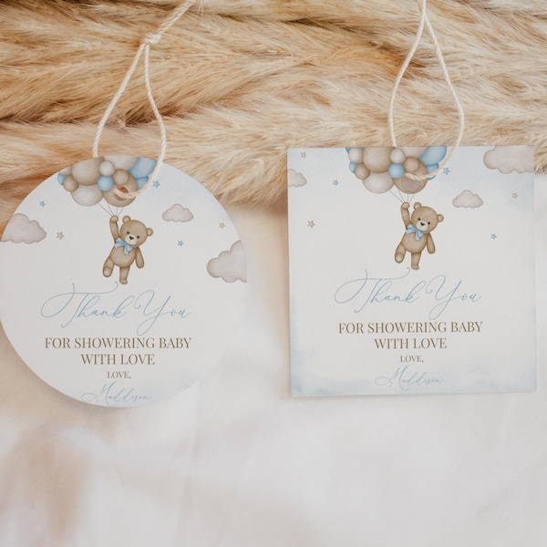 Editable Brown Bear Balloon Baby Shower Favor Tag, We Can Bearly Wait Baby Shower Thank you tag, Blue Boy Boho Bear Party Favors, BBS388