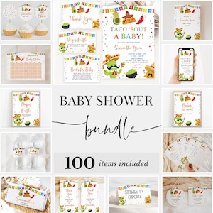 May include: A collection of baby shower party supplies with a Mexican fiesta theme. The bundle includes invitations, cupcake toppers, thank you cards, and other decorations. The color scheme features green, red, and yellow.