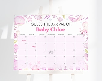 Editable Girl Under the Sea Baby Shower Guess Baby's Arrival, Ocean Baby Shower Due Date Calendar, Pink Nautical Baby Shower, BBS414