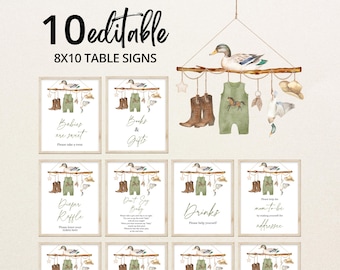 May include: A set of 10 editable 8x10 table signs featuring a watercolour illustration of a wooden branch hanging with a mallard duck, brown cowboy boots, a green romper, a tan hat, and a star. The signs include various event text labels.