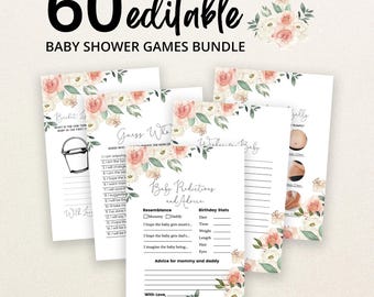 Könnte beinhalten: Ein Set aus 60 bearbeitbaren Babyparty-Spielkarten mit Blumenillustrationen in Rosa-, Creme- und Grüntönen. Die Karten enthalten Titel wie Baby Predictions and Advice, Guess Who und Bucket List mit schwarzem Text auf weißem Papier.