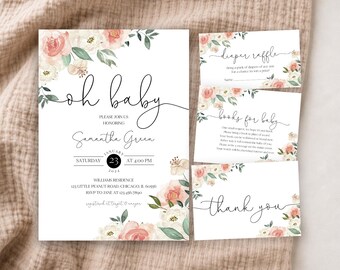 May include: A baby shower invitation set featuring floral watercolour accents in peach and white with green leaves. The main card displays the text oh baby, Samantha Green, January 23, 2023, at 4:00 PM, and address details. Includes diaper raffle, books for baby, and thank you cards.