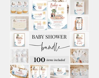 Paquete editable de baby shower de género neutro con tema "Bebé a bordo", paquete de invitaciones para baby shower de surf, paquete de juegos playeros para baby shower de verano, BBS671