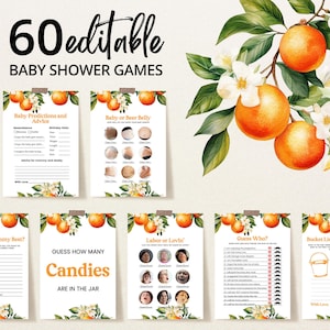 Editable Little Cutie Baby Shower Game Bundle, Orange Baby Shower Game Pack, Gender Neutral Orange Citrus Baby Shower Games, BBS1054