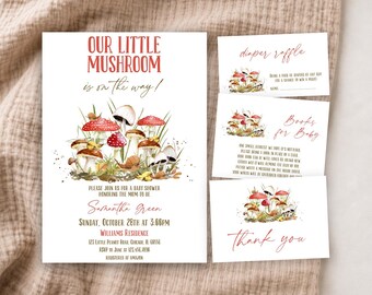 May include: A baby shower invitation set featuring watercolor illustrations of red and brown mushrooms with green grass. The main card reads Our Little Mushroom is on the way, with event details for Samantha Green. Includes diaper raffle and book cards.