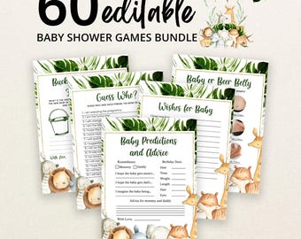 May include: A bundle of 60 editable baby shower game cards featuring watercolour illustrations of jungle animals and green tropical leaves. The cards include titles like Baby Predictions and Advice, Guess Who, and Baby or Beer Belly.
