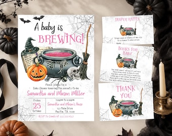 Inviti per baby shower a tema Halloween "A Baby is Brewing" personalizzabili, invito per baby shower rosa per bambina, invito per baby shower a tema strega rosa, BBS419