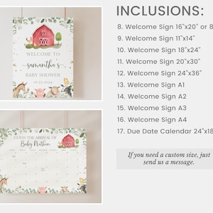 Puede incluir: Un conjunto de carteles imprimibles para un baby shower con tem&aacute;tica de granja. Los carteles presentan un granero rojo, animales de granja y vegetaci&oacute;n. Los carteles incluyen un cartel de bienvenida, un calendario de fecha de vencimiento y un cartel para adivinar la llegada del beb&eacute;. Los carteles est&aacute;n disponibles en varios tama&ntilde;os, incluyendo 40,6x50,8 cm, 27,9x35,6 cm, 45,7x61 cm, 50,8x76,2 cm, 61x91,4 cm y 61x45,7 cm.