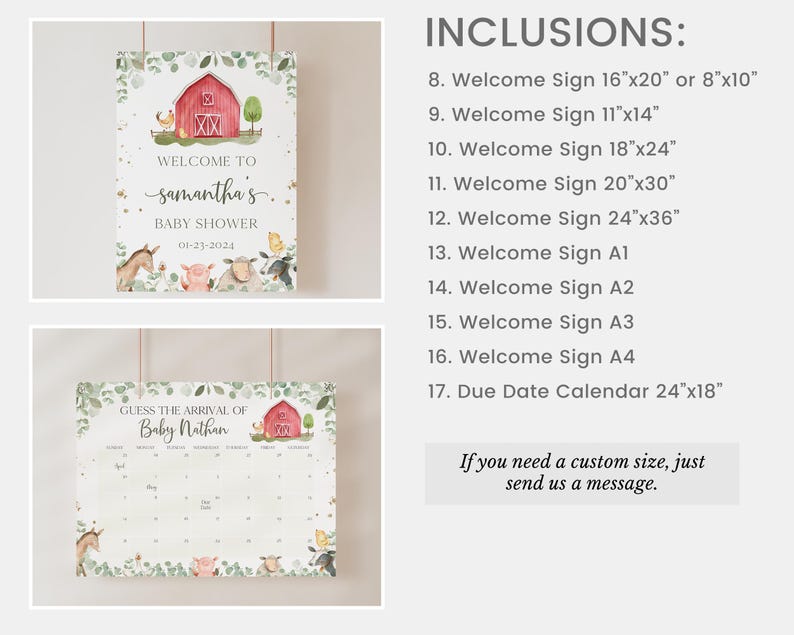 Puede incluir: Un conjunto de carteles imprimibles para un baby shower con tem&aacute;tica de granja. Los carteles presentan un granero rojo, animales de granja y vegetaci&oacute;n. Los carteles incluyen un cartel de bienvenida, un calendario de fecha de vencimiento y un cartel para adivinar la llegada del beb&eacute;. Los carteles est&aacute;n disponibles en varios tama&ntilde;os, incluyendo 40,6x50,8 cm, 27,9x35,6 cm, 45,7x61 cm, 50,8x76,2 cm, 61x91,4 cm y 61x45,7 cm.