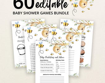Peut inclure: Un lot de 60 cartes de jeux de fête prénatale modifiables avec des illustrations à l'aquarelle d'abeilles, de ruches et de fleurs blanches. Le texte inclut "60 editable BABY SHOWER GAMES BUNDLE" et "Baby Predictions and Advice" avec des lignes.