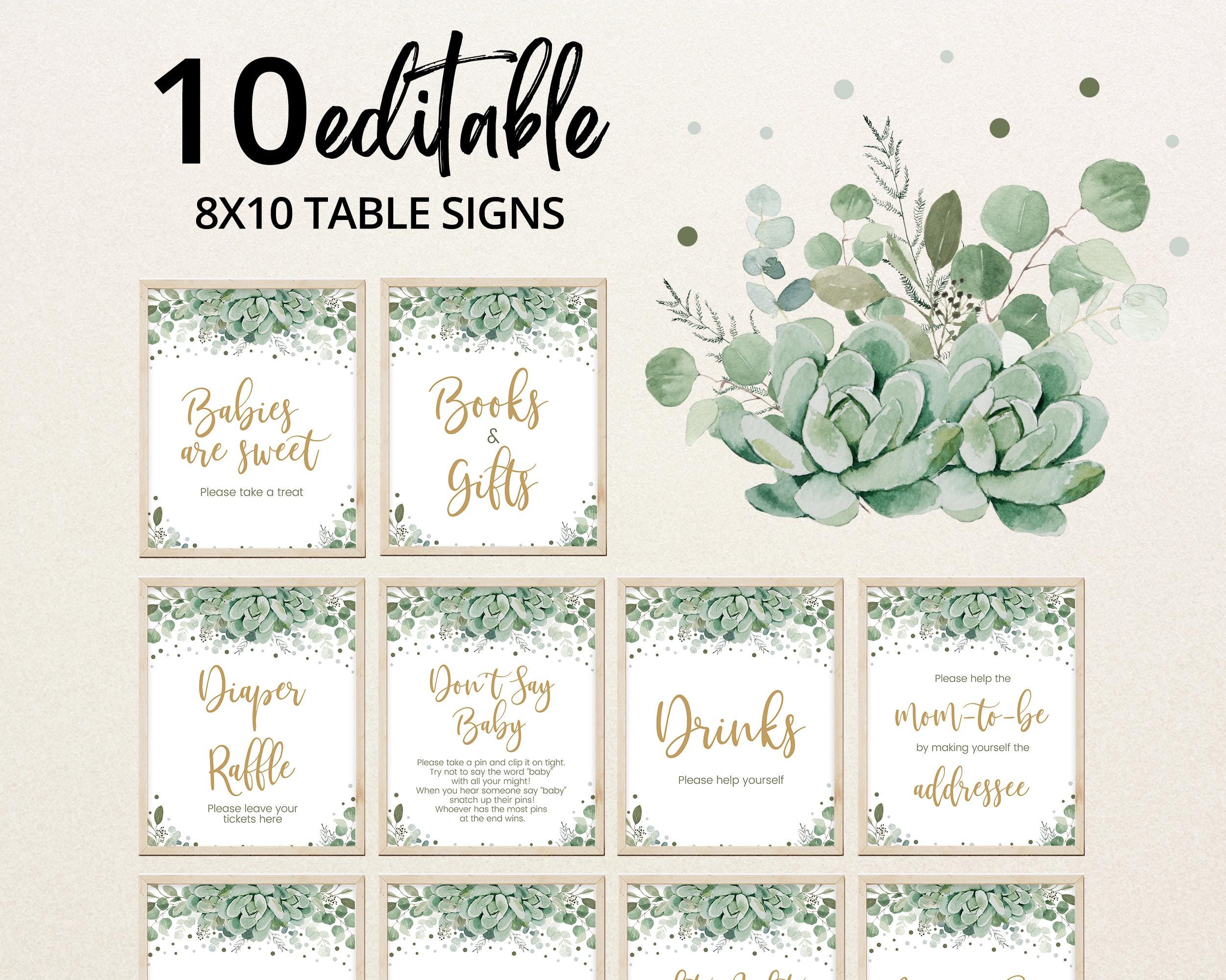 Editable Baby in Bloom Baby Shower Table Sign, Succulent Babies are Sweet Favors, Greenery Succulent Diaper Raffle, Gifts, BBS604