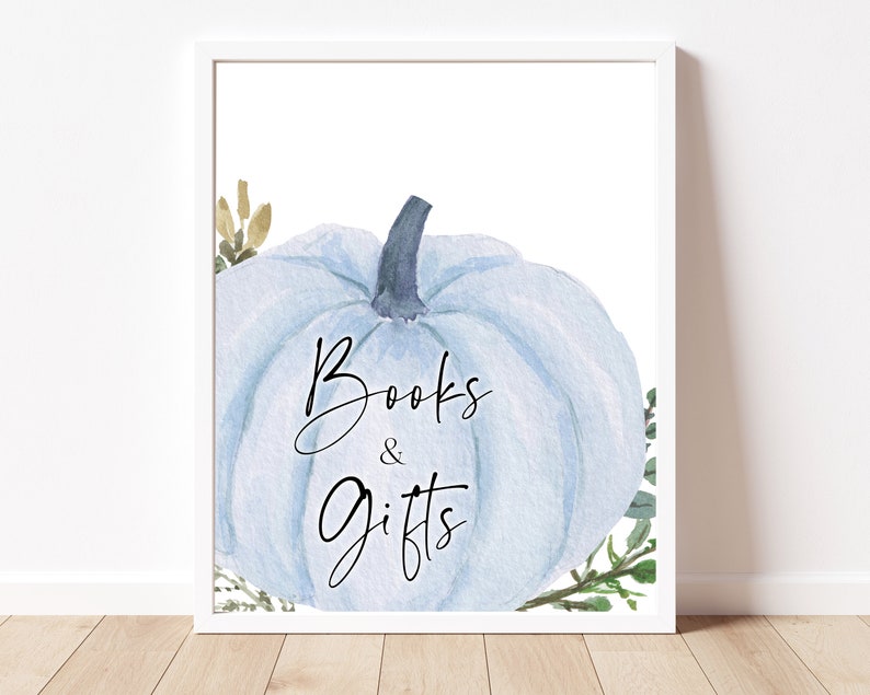 Books and Gifts Sign Blue Minimalist Pumpkin Baby Shower, Fall Pumpkin