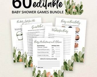 May include: A bundle of 60 editable baby shower game cards featuring watercolor cactus illustrations. The cards include titles like Bucket List for the Baby, Guess Who, Wishes for Baby, Baby or Beer Belly, and Baby Predictions and Advice with lines.