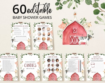 Editable Farm Baby Shower Game Bundle, Greenery Farm Baby Shower Game Pack, Boy Farm Baby Shower, Boy Farm Animals, Barn Games, BBS253